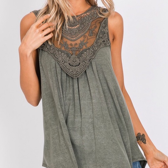 🔖Last! Lacey Boho Vintage Olive Washed Tank! - Picture 2 of 6